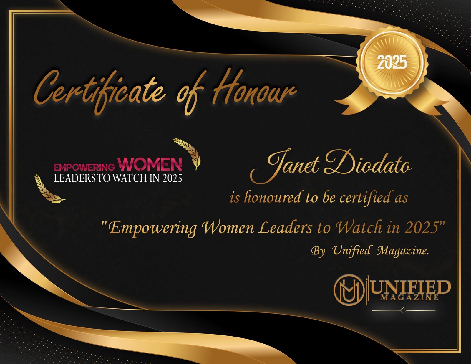 Janet Diodato - Empowering Women Leader 2025 - Certificate